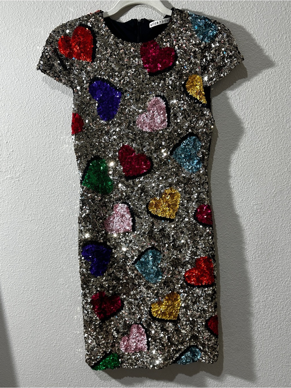 Alice + Olivia Silver Sequin Midi Dress with Multicolor Heart Motif